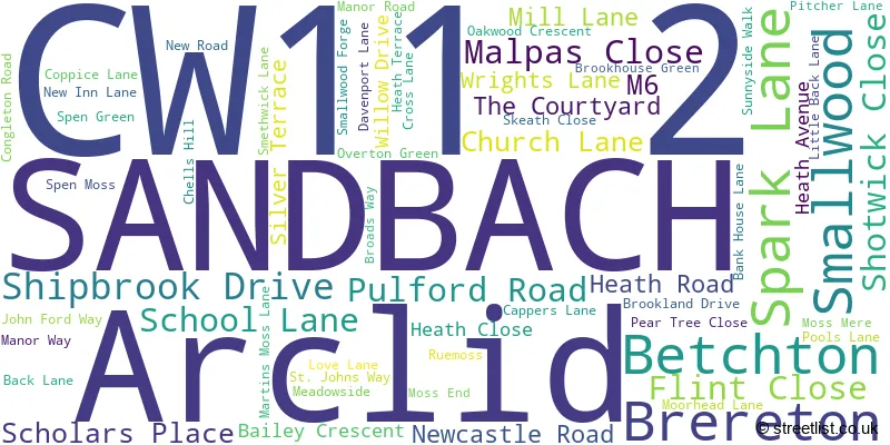 A word cloud for the CW11 2 postcode